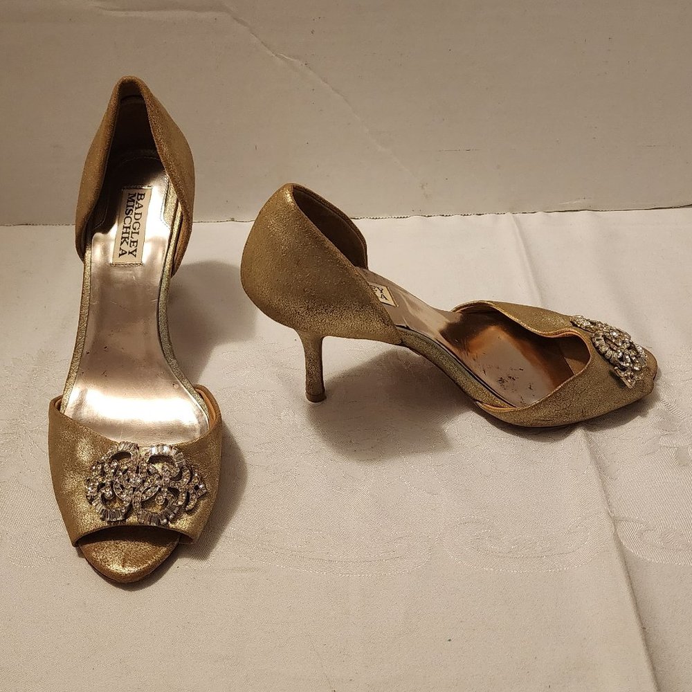 Size 8.5 M Badgley Mischka Metallic Gold & Rhinestone Heels 3.33" High Heels